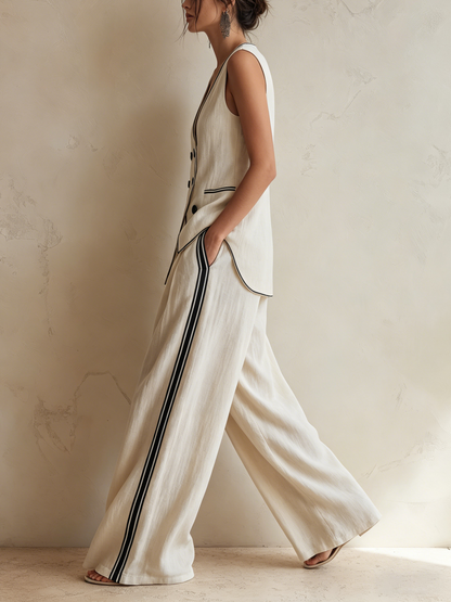 Crème Linnenmix Dubbelzijdige Vest & Brede Pijpen Broek Co-ord Set