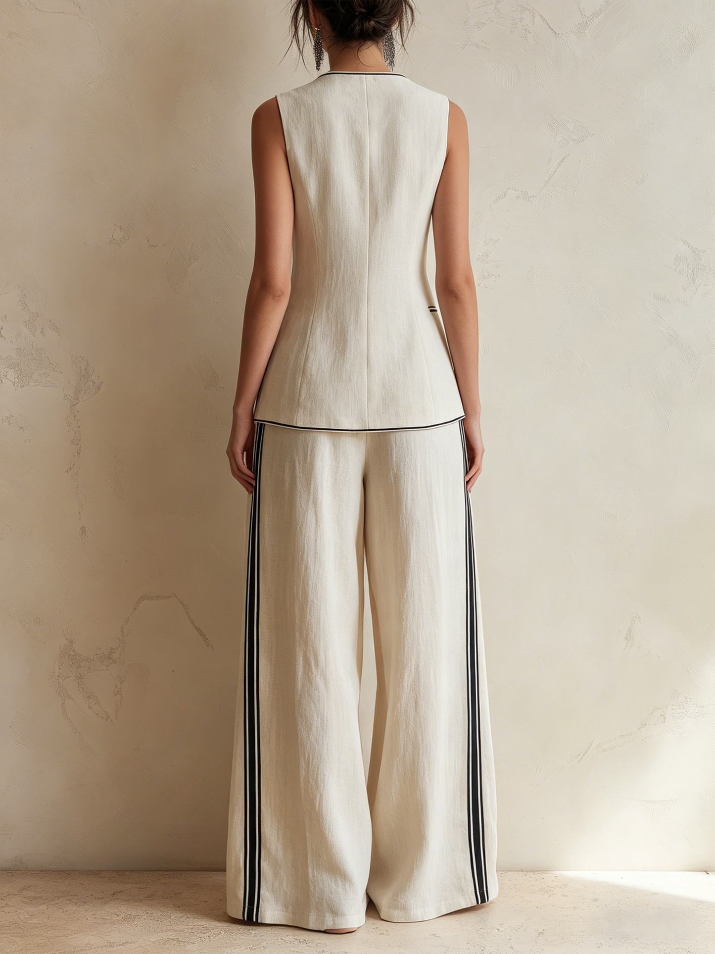 Crème Linnenmix Dubbelzijdige Vest & Brede Pijpen Broek Co-ord Set