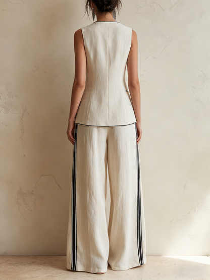 Crème Linnenmix Dubbelzijdige Vest & Brede Pijpen Broek Co-ord Set