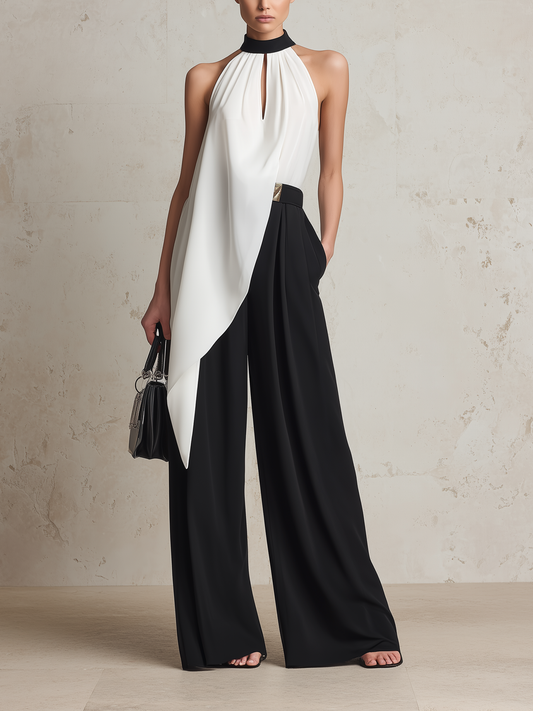 Zwart & Witte Haltertop & Brede Pantalon Set - Elegante Twee-Piece Outfit