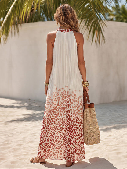 Retro-bohemien maxi-jurk zonder mouwen van geplooide chiffon met luipaardprint en ombré-effect