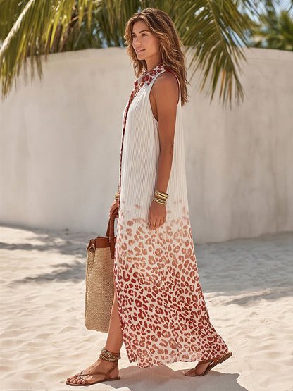 Retro-bohemien maxi-jurk zonder mouwen van geplooide chiffon met luipaardprint en ombré-effect