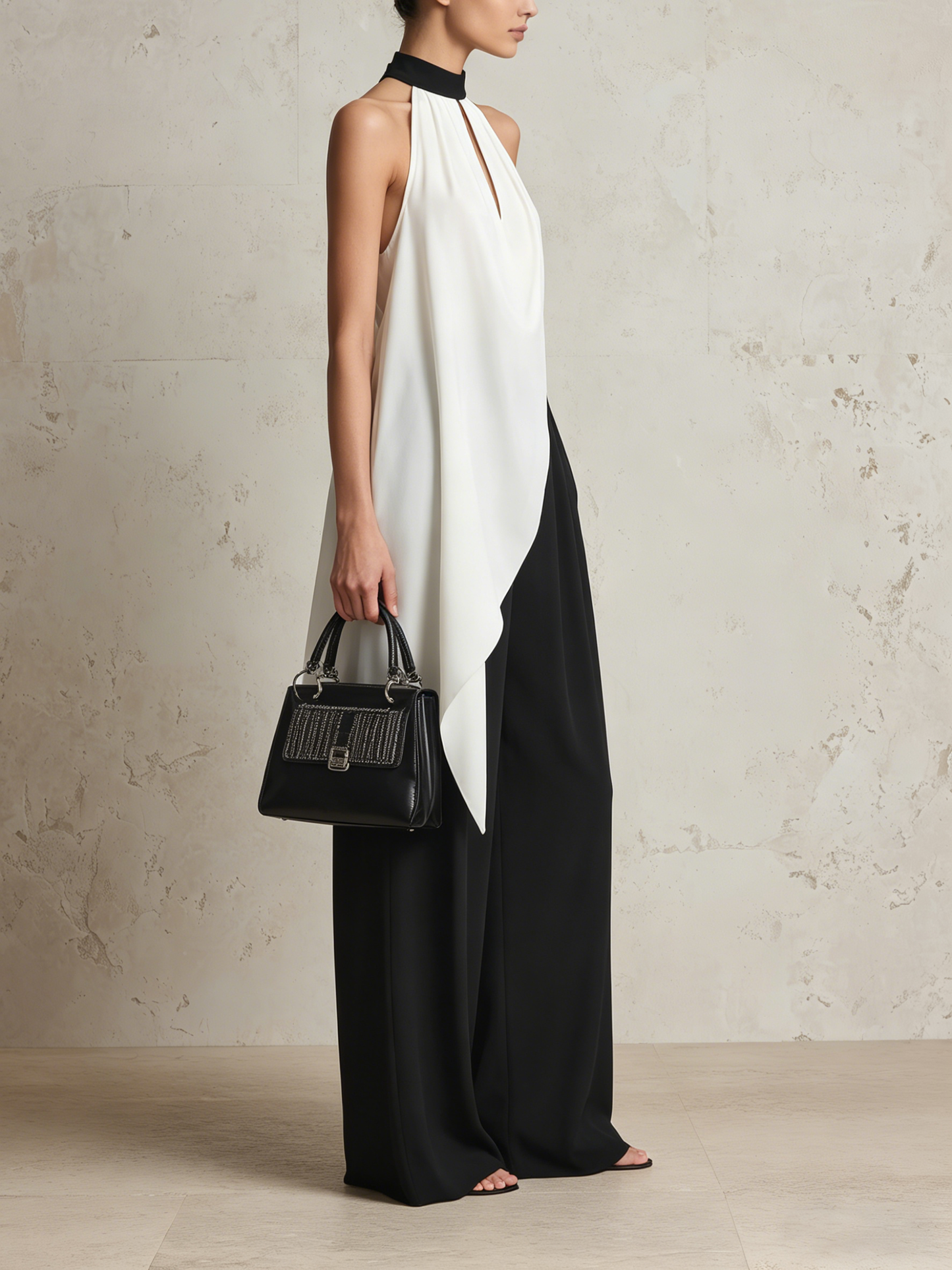 Zwart & Witte Haltertop & Brede Pantalon Set - Elegante Twee-Piece Outfit