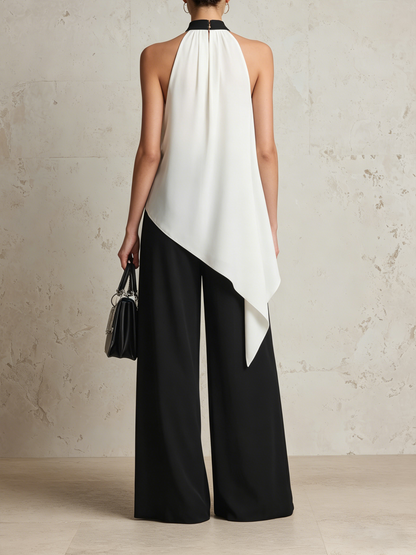 Zwart & Witte Haltertop & Brede Pantalon Set - Elegante Twee-Piece Outfit