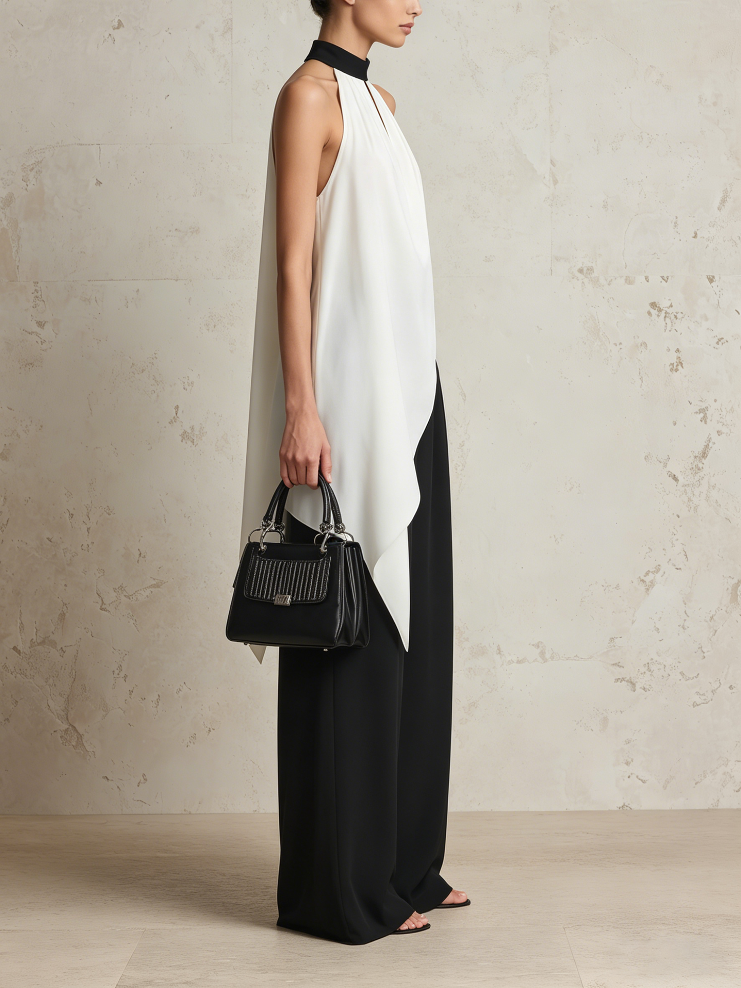 Zwart & Witte Haltertop & Brede Pantalon Set - Elegante Twee-Piece Outfit
