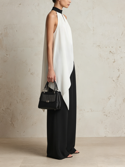 Zwart & Witte Haltertop & Brede Pantalon Set - Elegante Twee-Piece Outfit