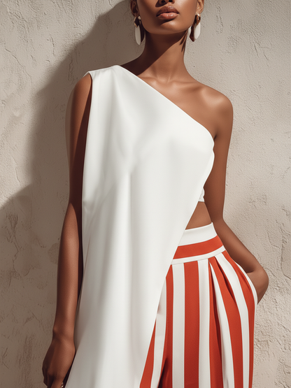 Zonsondergang Strepen Asymmetrische One-Shoulder Twee-Delige Set | Moeiteloze Vakantie Glamour