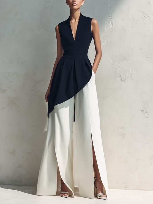 Zwart & Witte Asymmetrische Peplum Top & Split Wijde Pantalon Set