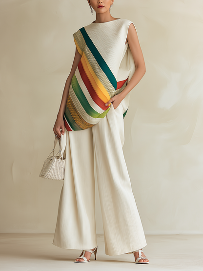Gelaagde Diagonale Regenboog Streep Mouwloze Top & Brede Pantalon Set