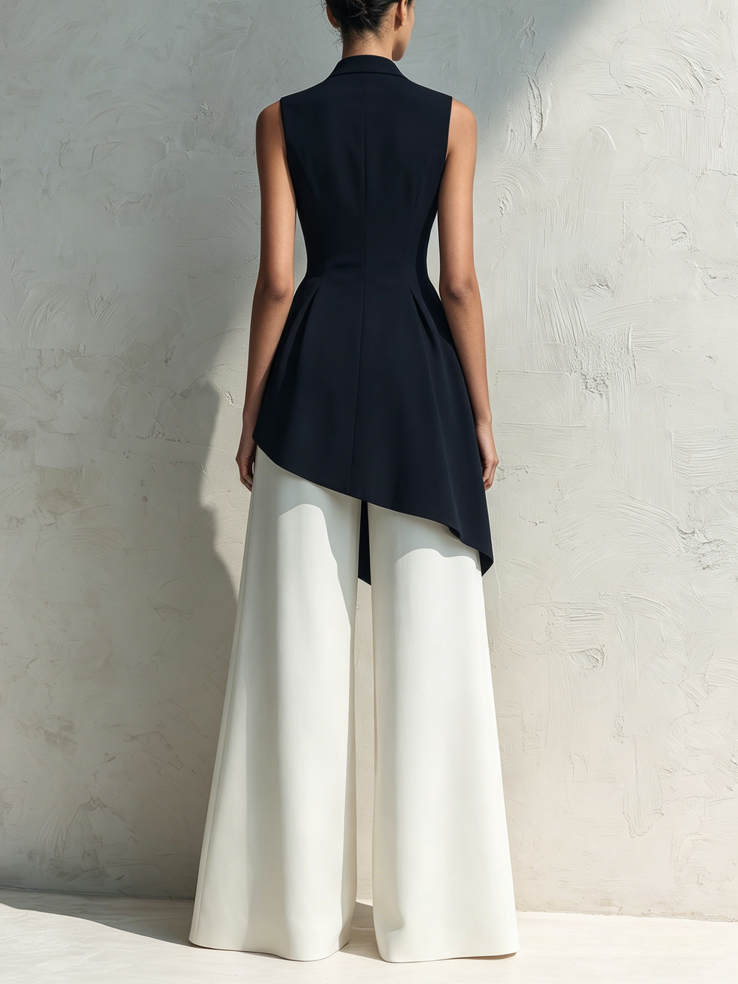 Zwart & Witte Asymmetrische Peplum Top & Split Wijde Pantalon Set