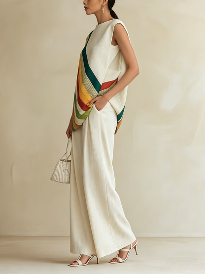 Gelaagde Diagonale Regenboog Streep Mouwloze Top & Brede Pantalon Set