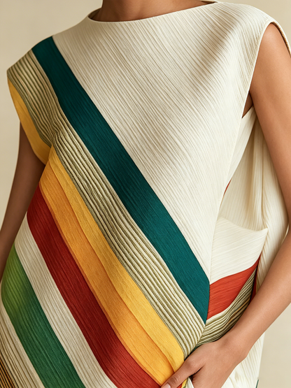 Gelaagde Diagonale Regenboog Streep Mouwloze Top & Brede Pantalon Set