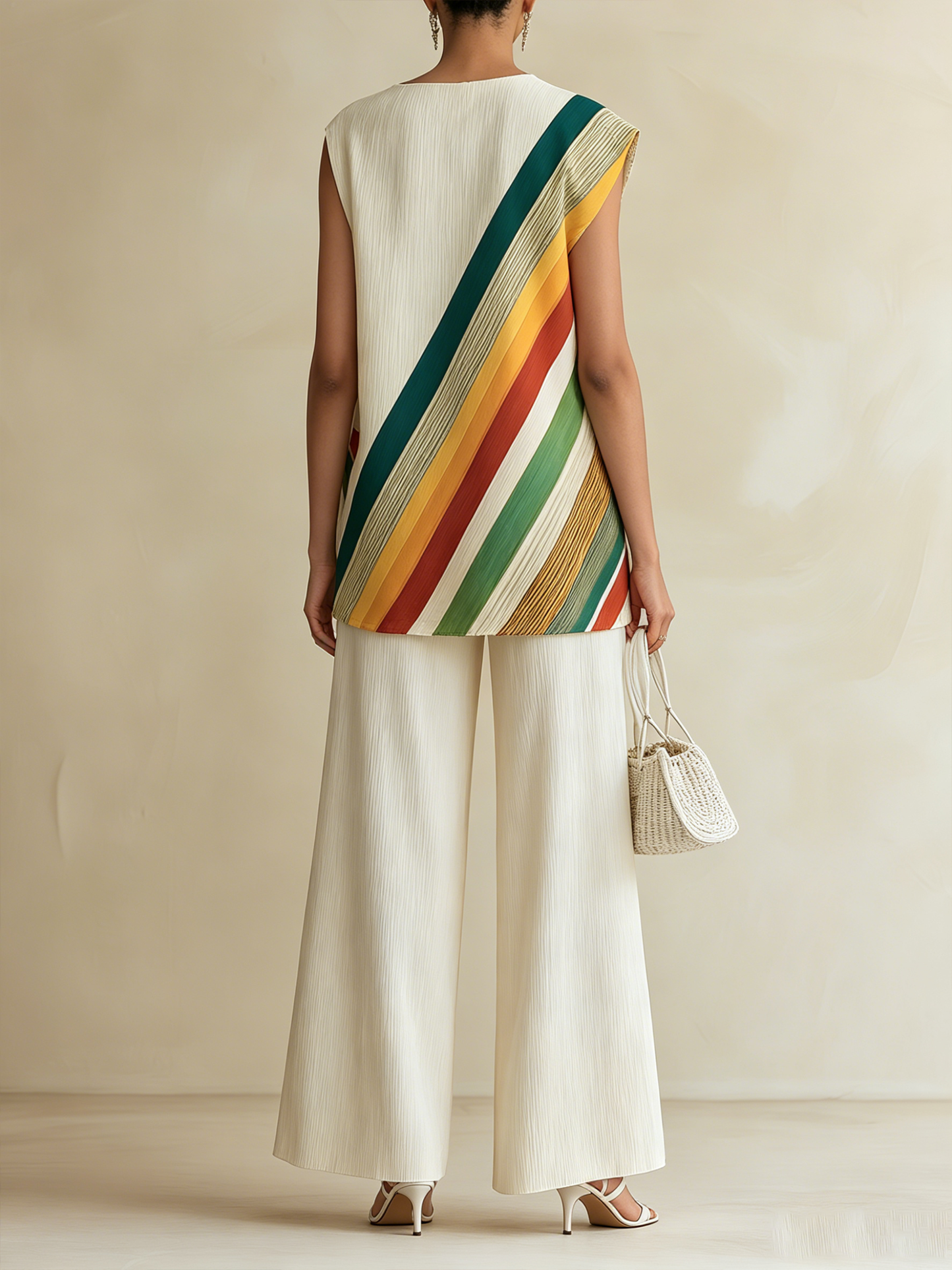 Gelaagde Diagonale Regenboog Streep Mouwloze Top & Brede Pantalon Set