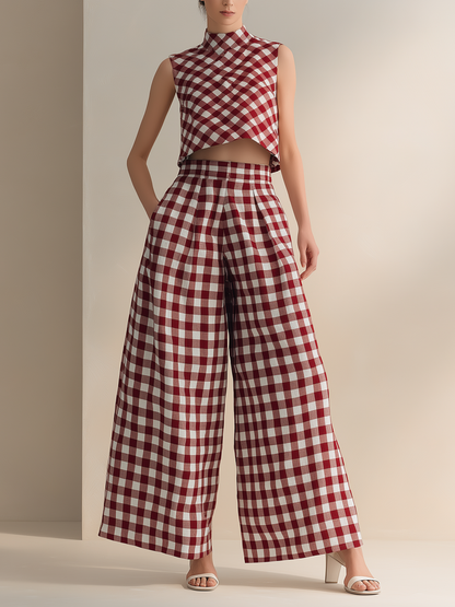 Rode Gingham Mouwloze Crop Top & Hoge Taille Wijde Broek Set