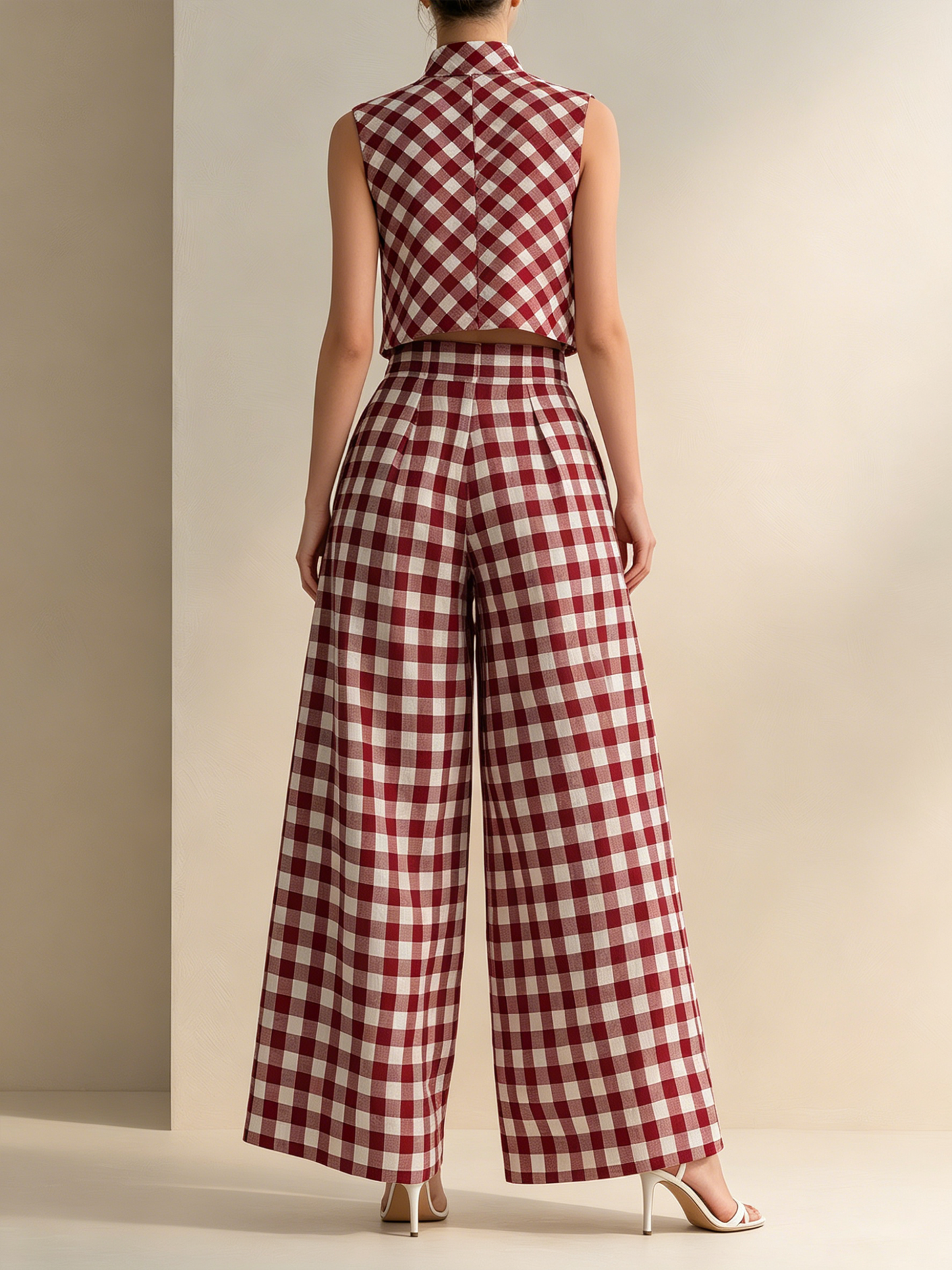 Rode Gingham Mouwloze Crop Top & Hoge Taille Wijde Broek Set