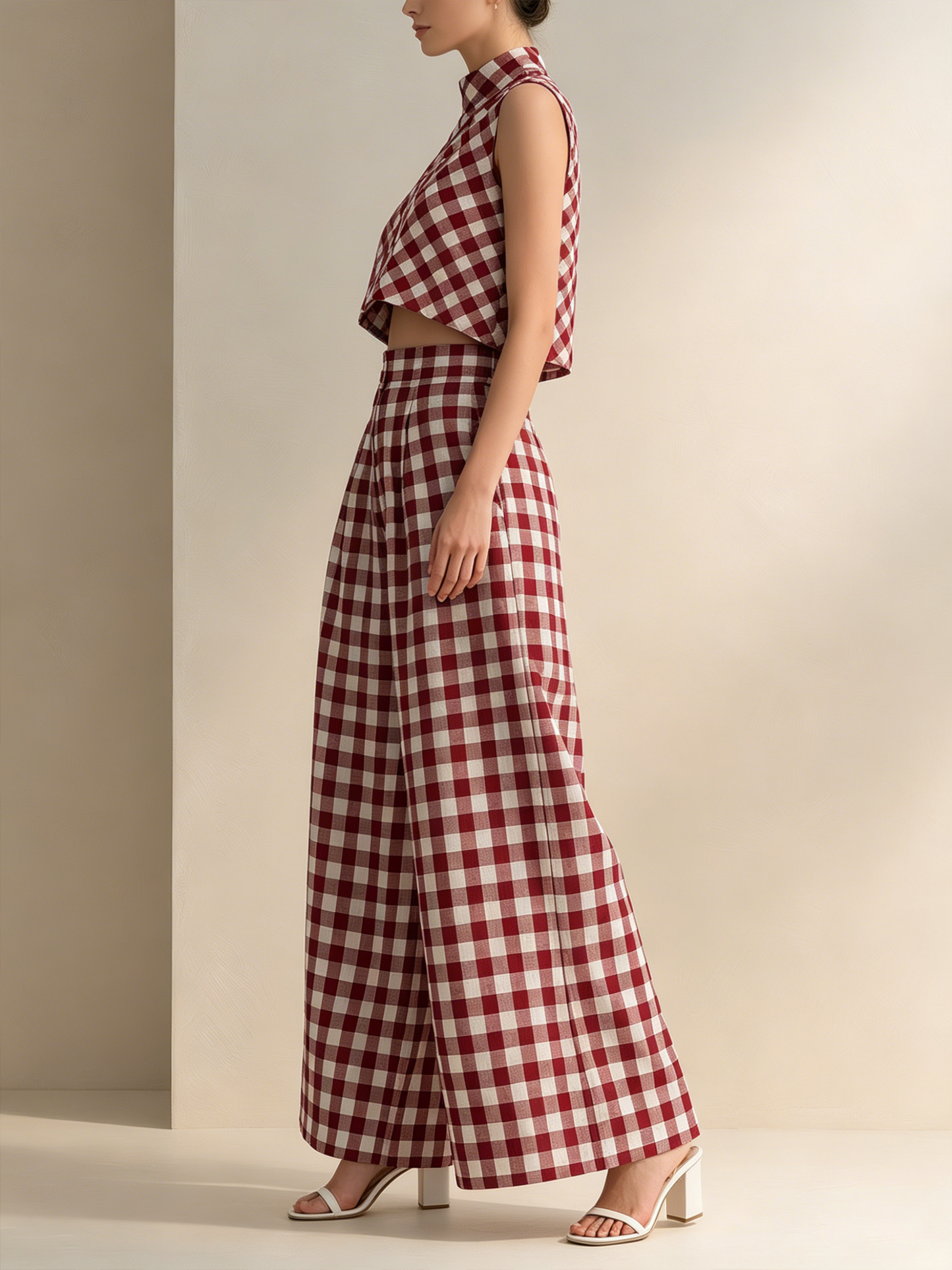 Rode Gingham Mouwloze Crop Top & Hoge Taille Wijde Broek Set