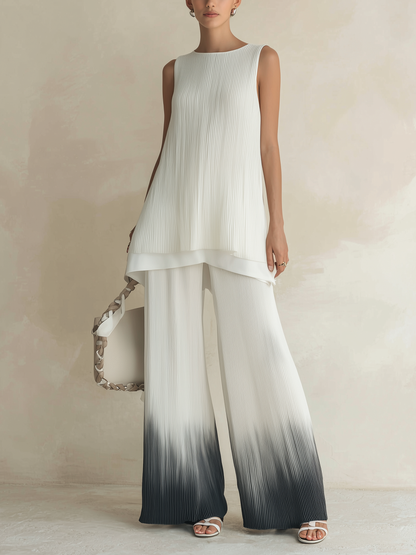 Gelaagde Mouwloze Tuniek & Gradient Wijde Pantalon Set | Vloeiende, Kreukbestendige Co-Ord Set Voor Moeiteloze Elegant