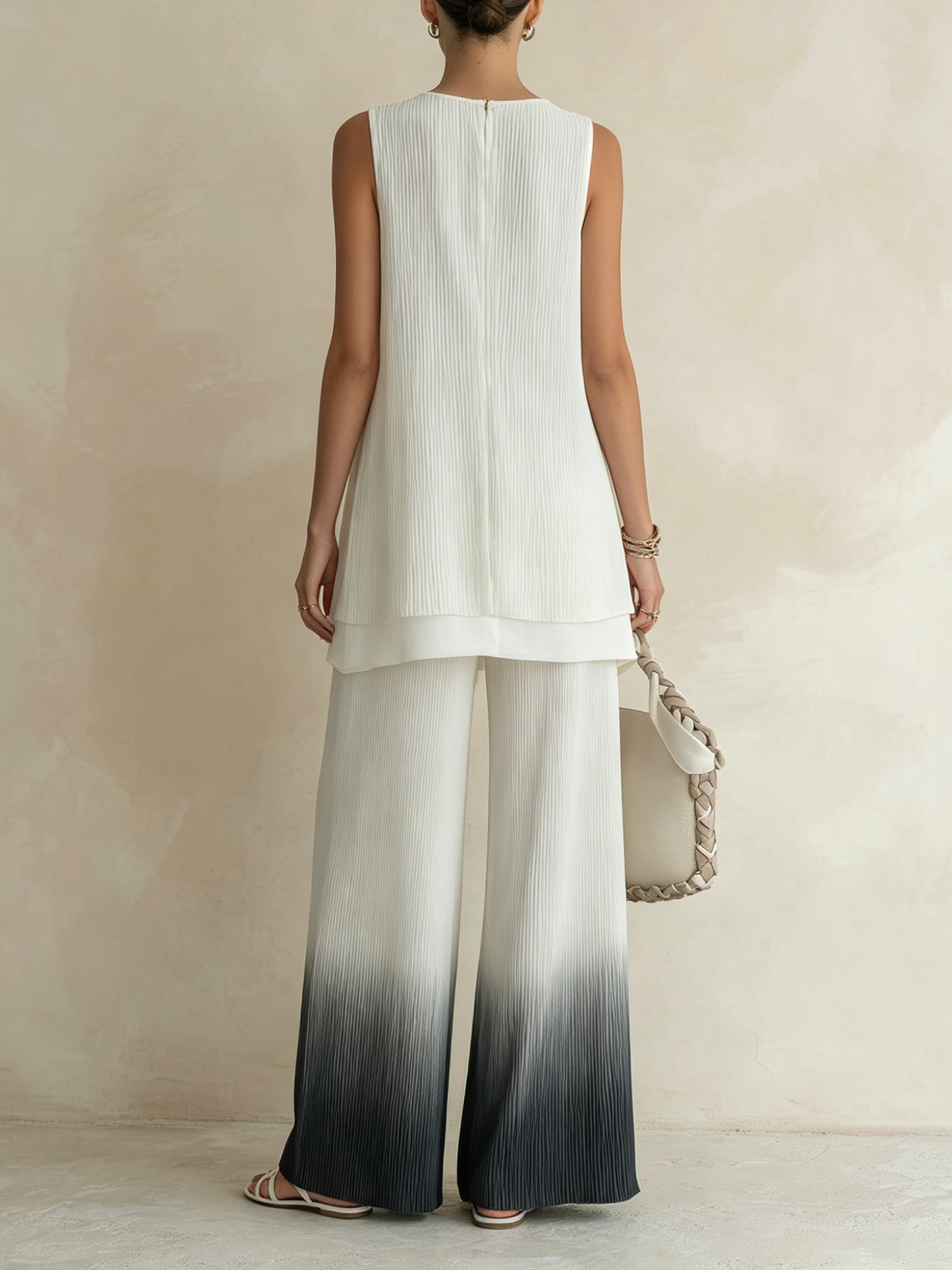 Gelaagde Mouwloze Tuniek & Gradient Wijde Pantalon Set | Vloeiende, Kreukbestendige Co-Ord Set Voor Moeiteloze Elegant