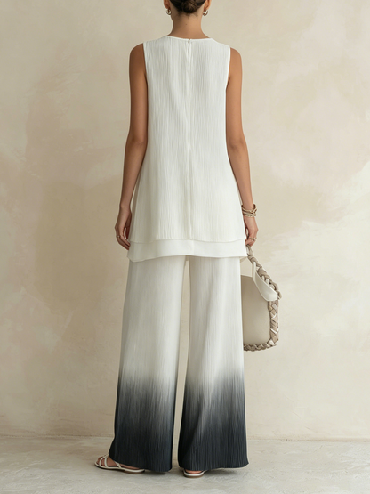 Gelaagde Mouwloze Tuniek & Gradient Wijde Pantalon Set | Vloeiende, Kreukbestendige Co-Ord Set Voor Moeiteloze Elegant
