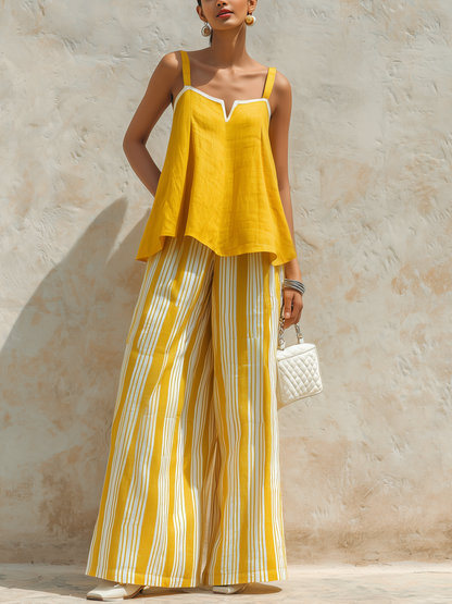 Geel Linnenmix Camisole Top & Gestreepte Wijde Broek Twee-Piece Set