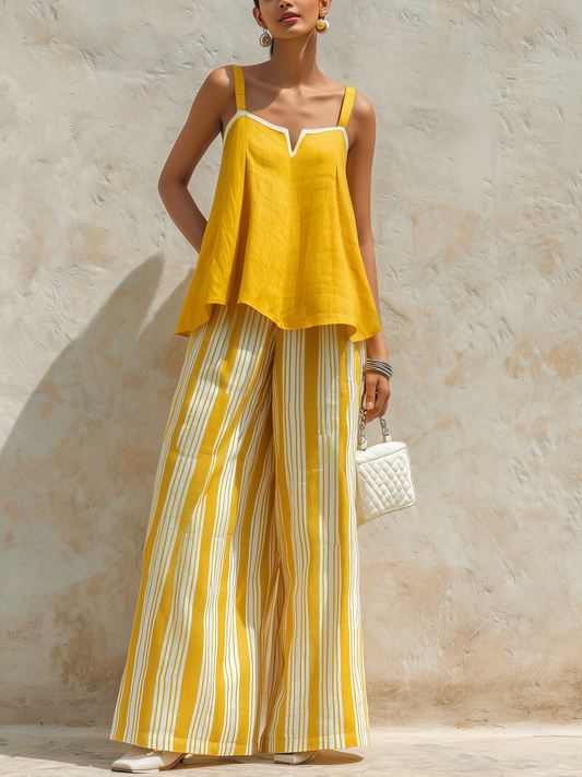 Geel Linnenmix Camisole Top & Gestreepte Wijde Broek Twee-Piece Set