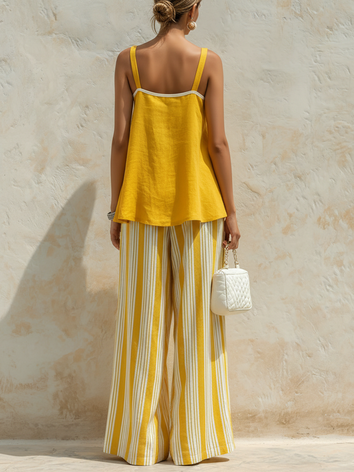 Geel Linnenmix Camisole Top & Gestreepte Wijde Broek Twee-Piece Set