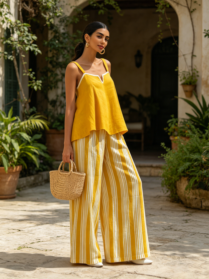 Geel Linnenmix Camisole Top & Gestreepte Wijde Broek Twee-Piece Set