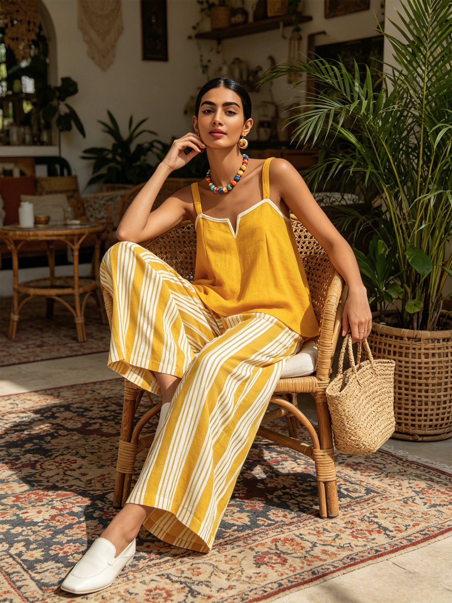 Geel Linnenmix Camisole Top & Gestreepte Wijde Broek Twee-Piece Set