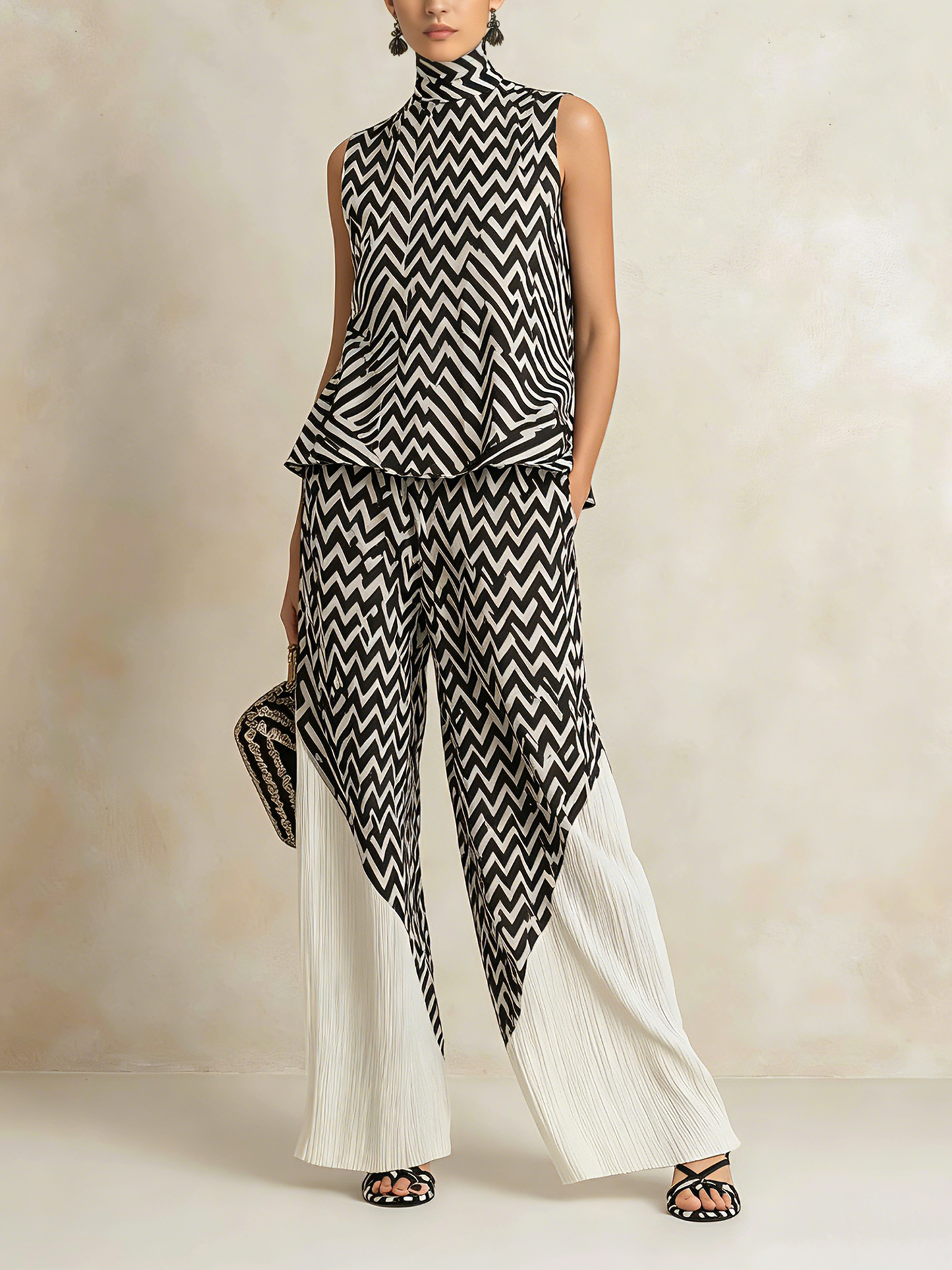 Zwart-witte Chevronprint Hoge Hals Top & Geplooide Brede Pantalon Set