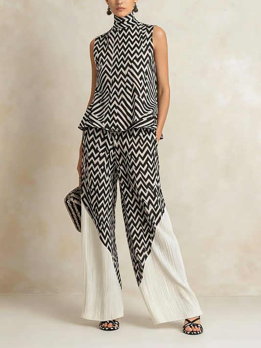 Zwart-witte Chevronprint Hoge Hals Top & Geplooide Brede Pantalon Set