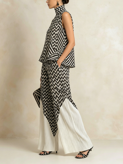 Zwart-witte Chevronprint Hoge Hals Top & Geplooide Brede Pantalon Set