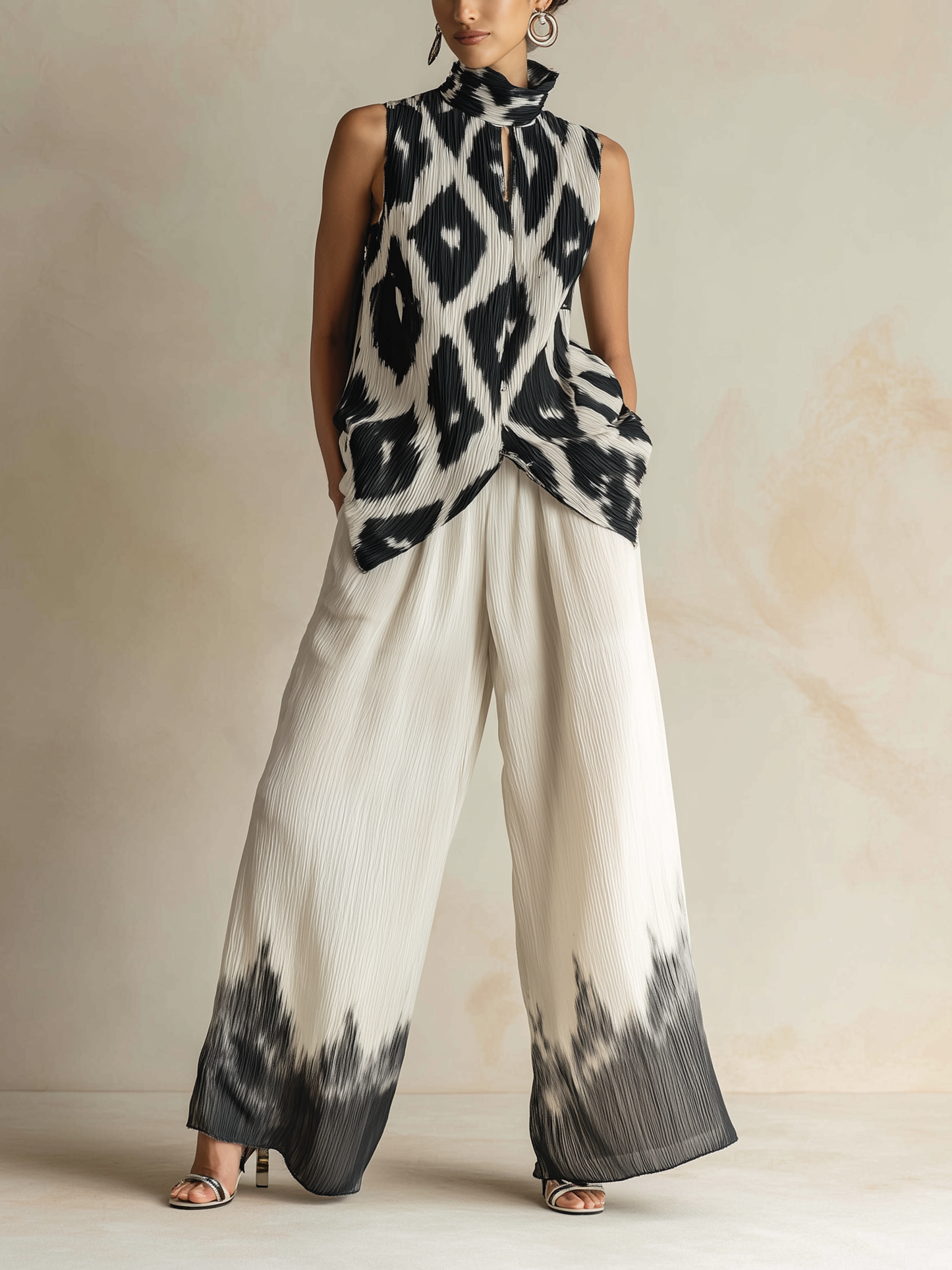 Zwart & Wit Ikat Print Geplooide Mouwloze Top & Dip-Dye Wijde Pantalon Set