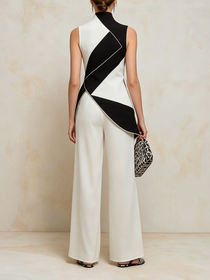 Asymmetrische Geometrische Kleurblok Top & Brede Pantalon Set