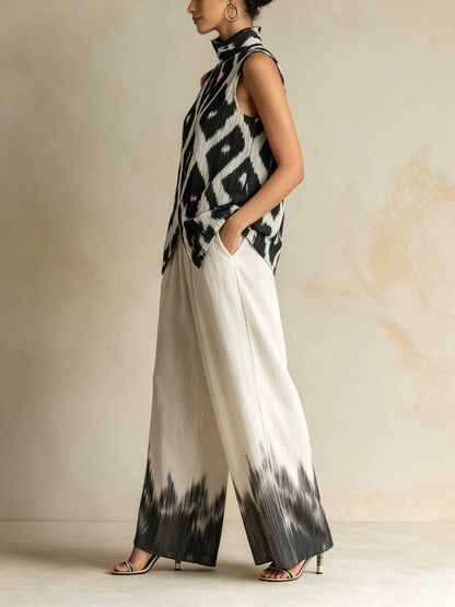 Zwart & Wit Ikat Print Geplooide Mouwloze Top & Dip-Dye Wijde Pantalon Set