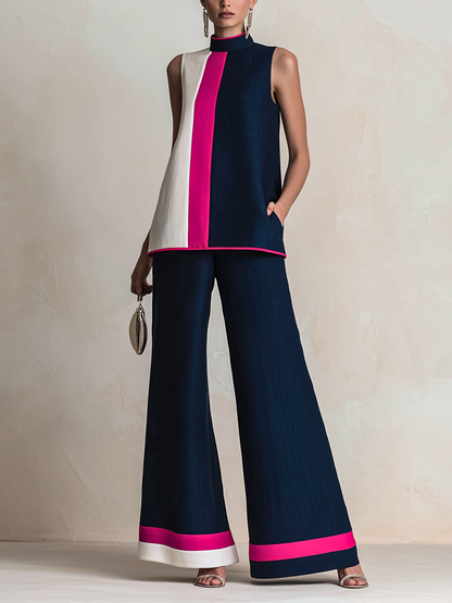 Kleurblok Hoge Hals Mouwloze Top & Wijde Broek Set