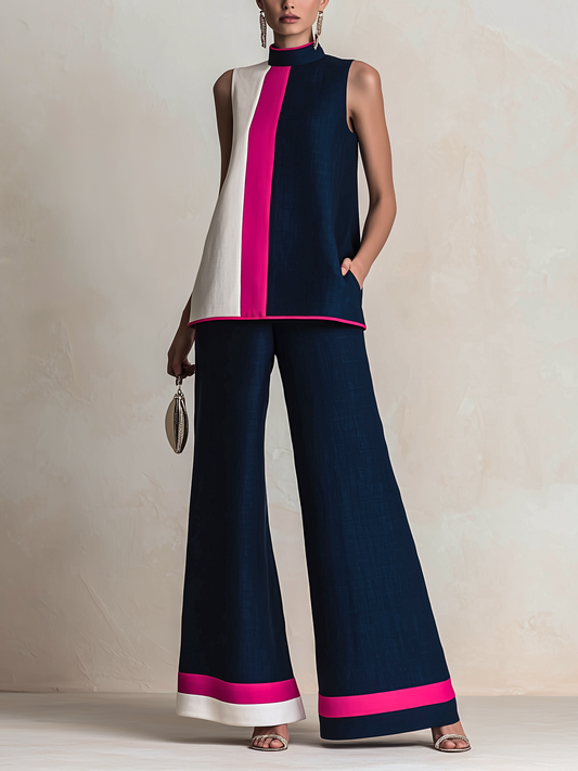 Kleurblok Hoge Hals Mouwloze Top & Wijde Broek Set