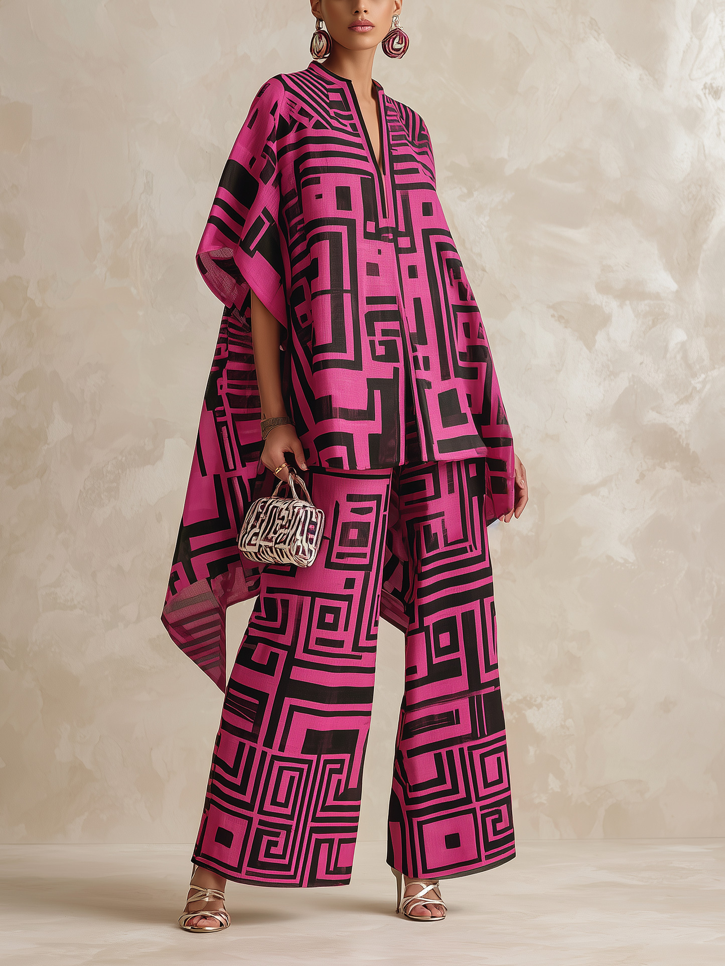 Dikke Geometrische Print Vloeiende Kaftan Top & Brede Pantalon Set