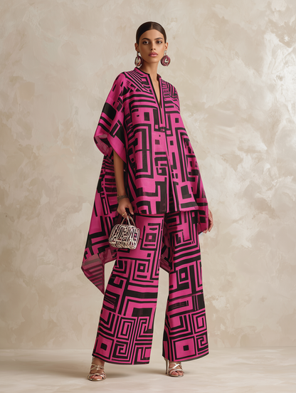Dikke Geometrische Print Vloeiende Kaftan Top & Brede Pantalon Set