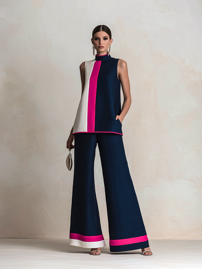 Kleurblok Hoge Hals Mouwloze Top & Wijde Broek Set