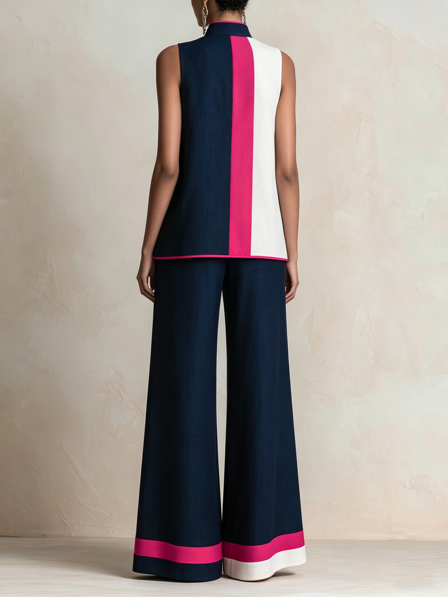 Kleurblok Hoge Hals Mouwloze Top & Wijde Broek Set