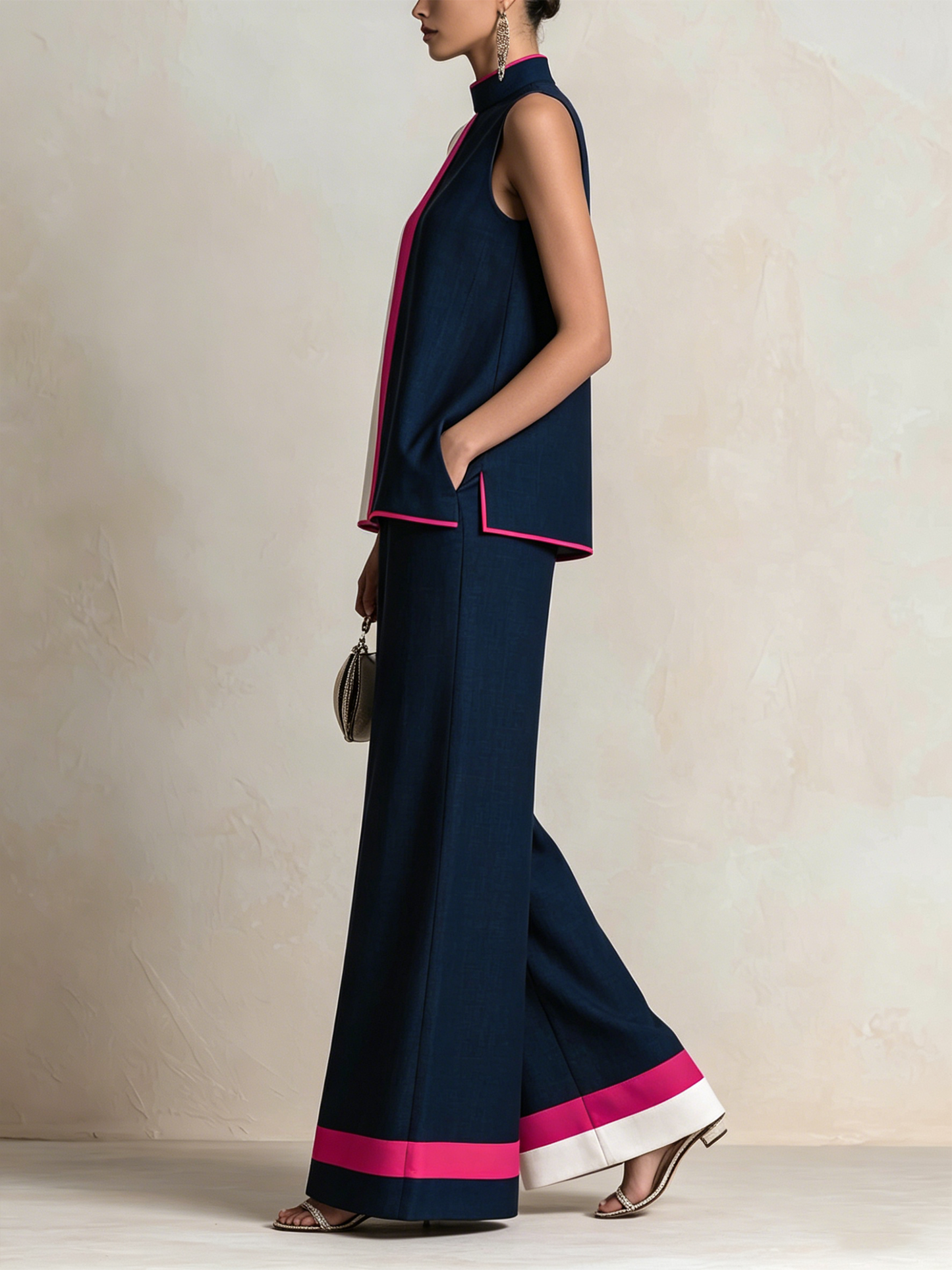 Kleurblok Hoge Hals Mouwloze Top & Wijde Broek Set