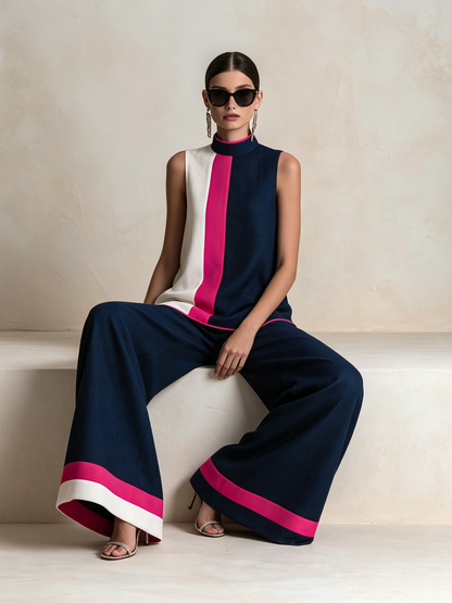 Kleurblok Hoge Hals Mouwloze Top & Wijde Broek Set