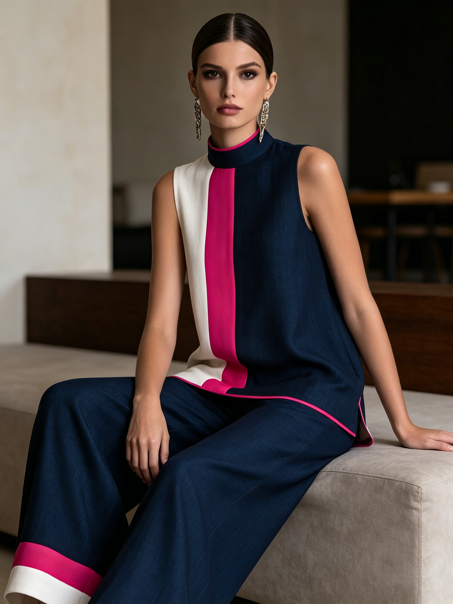 Kleurblok Hoge Hals Mouwloze Top & Wijde Broek Set