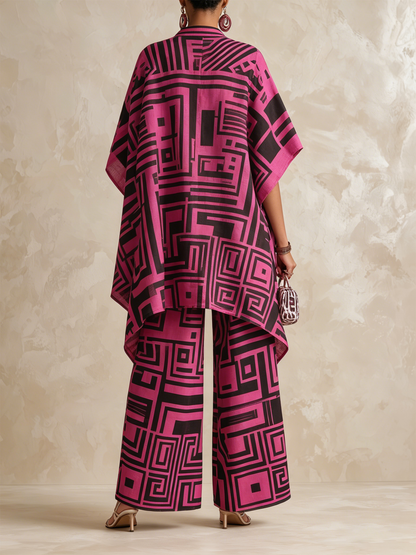 Dikke Geometrische Print Vloeiende Kaftan Top & Brede Pantalon Set