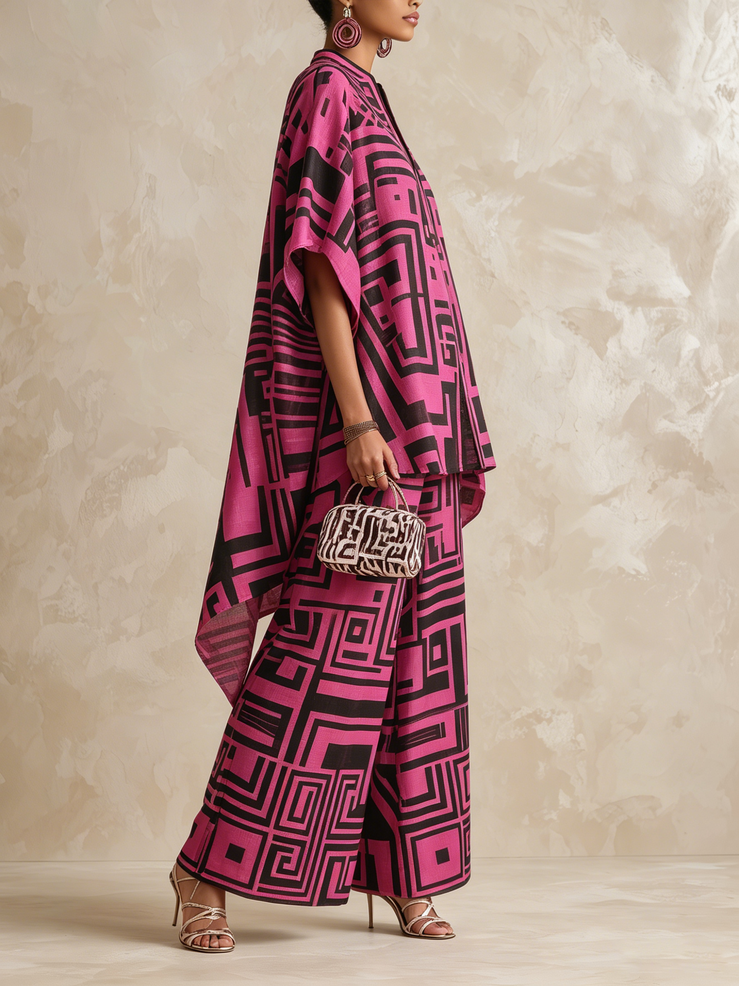 Dikke Geometrische Print Vloeiende Kaftan Top & Brede Pantalon Set