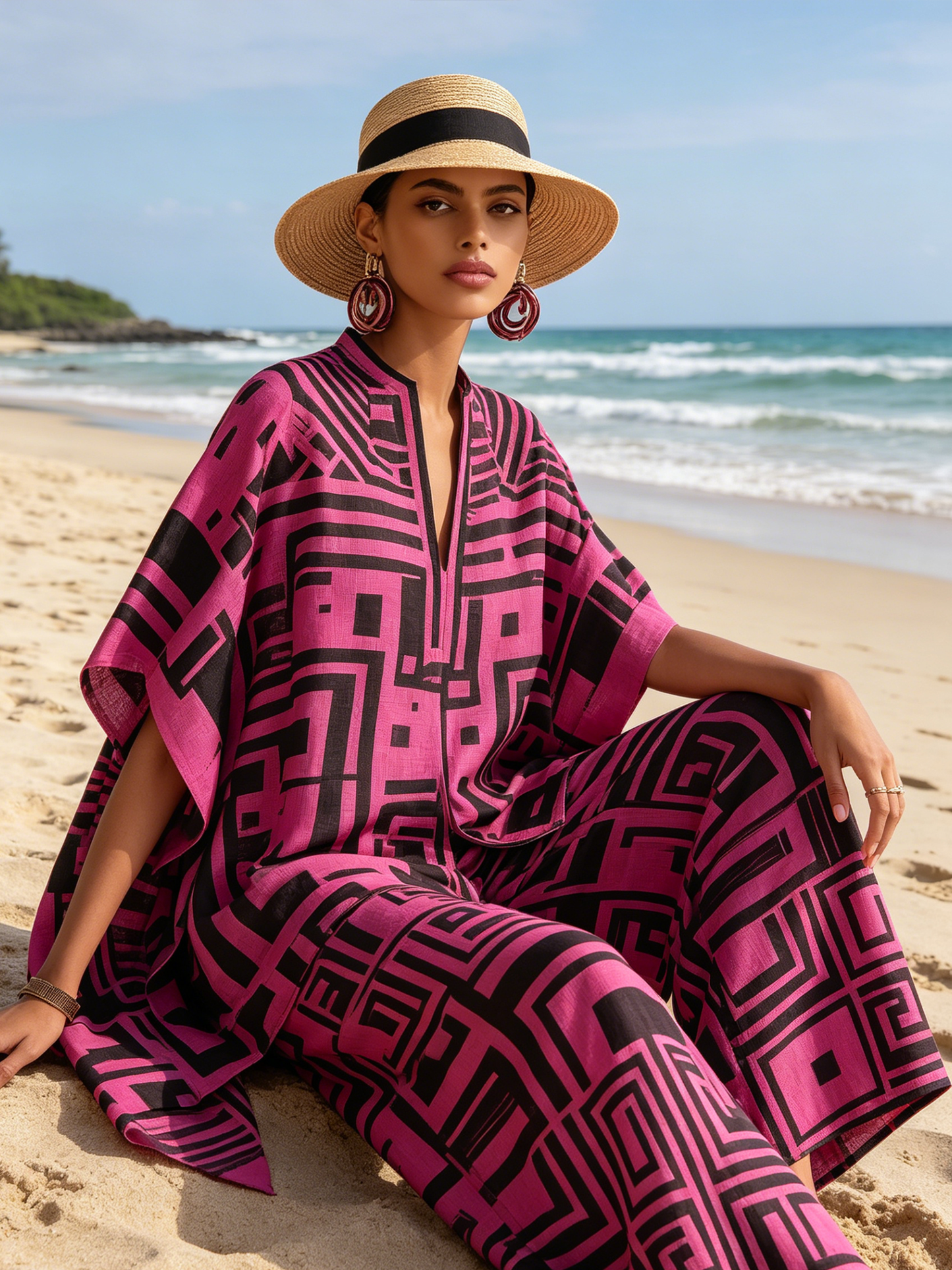 Dikke Geometrische Print Vloeiende Kaftan Top & Brede Pantalon Set