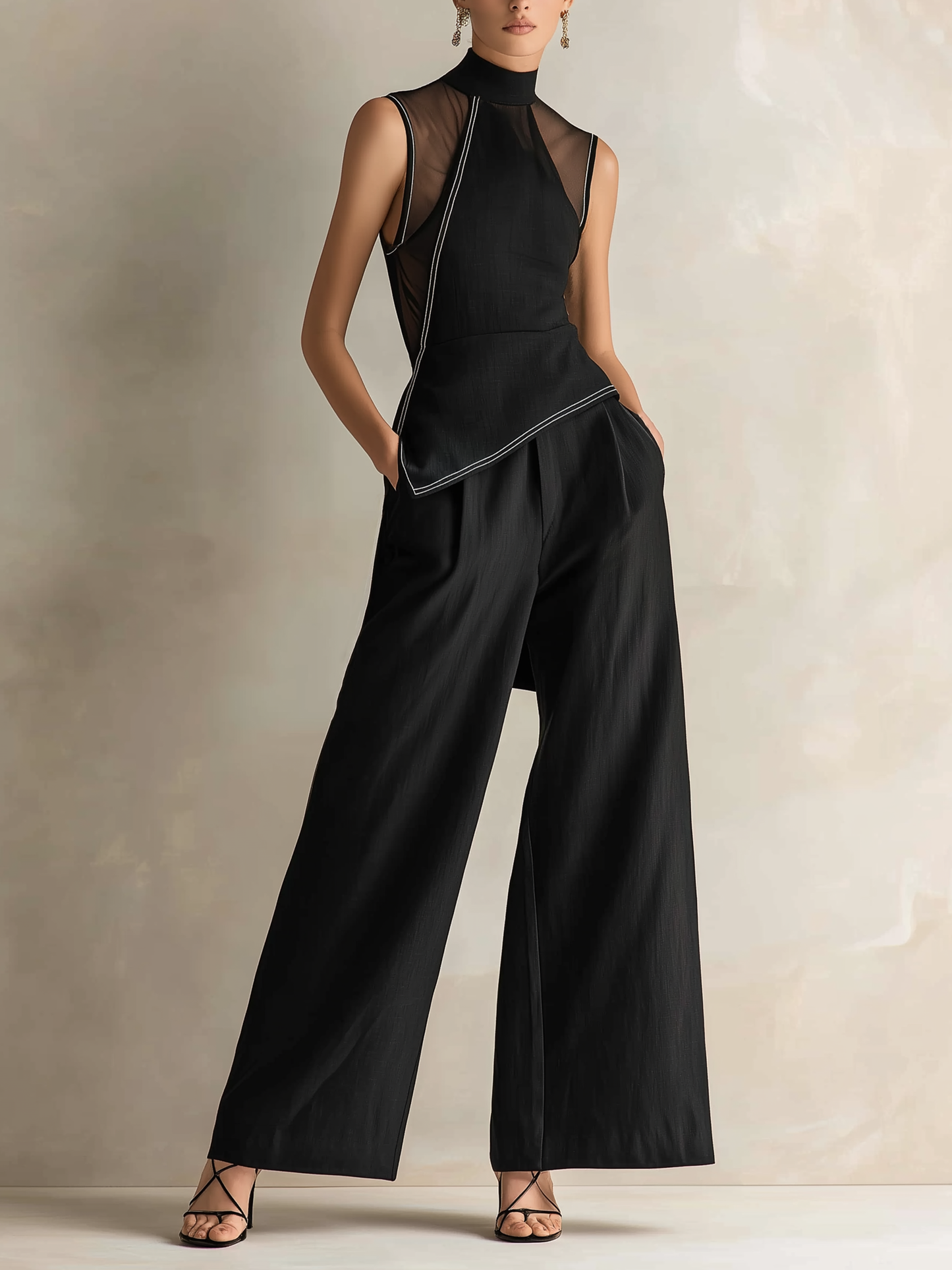 Doorzichtig Mesh Mock Neck Top & Tailored Wide-Leg Broek Set