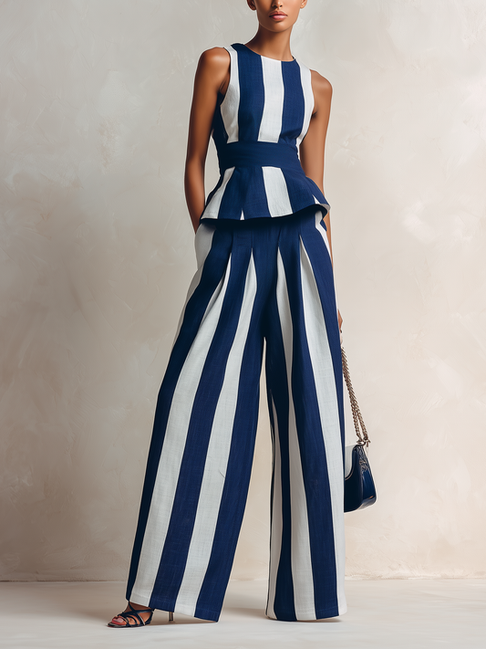 Marineblauw & Witte Streep Peplum Twee-delige Set met Brede Benen