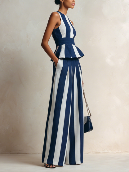 Marineblauw & Witte Streep Peplum Twee-delige Set met Brede Benen