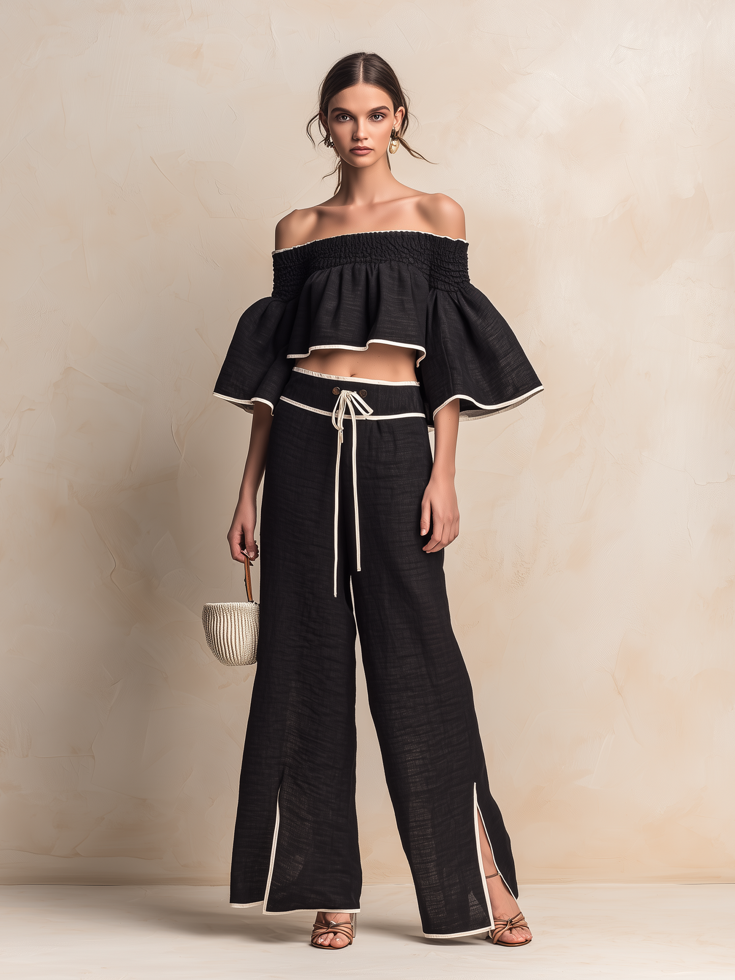 Zwarte Linnenmix Off-Shoulder Twee-Delige Set Met Contrastafwerking